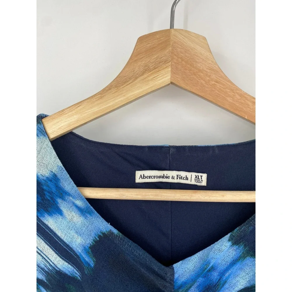 Abercrombie & Fitch Maxi Dress Womens XLT Blue Abstract Mesh Ruched Long Sleeve